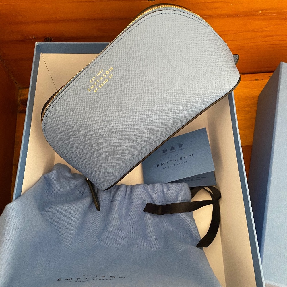 Smythson Cosmetics Bag in Nile Blue Panama Leather